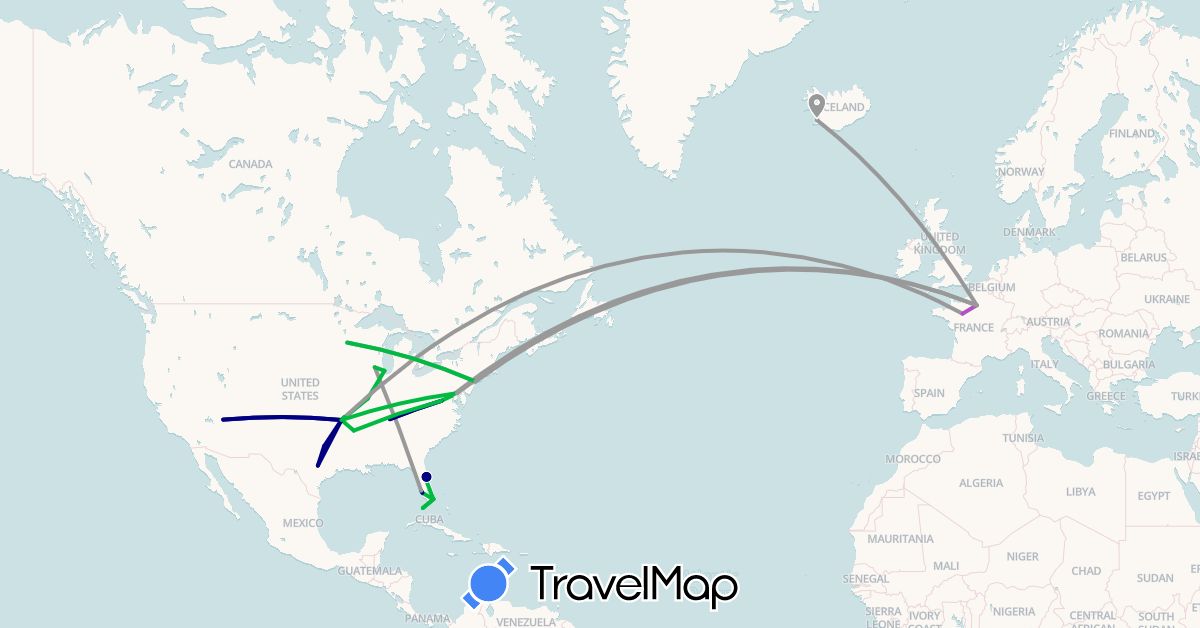 TravelMap itinerary: driving, bus, plane, train in France, Iceland, United States (Europe, North America)